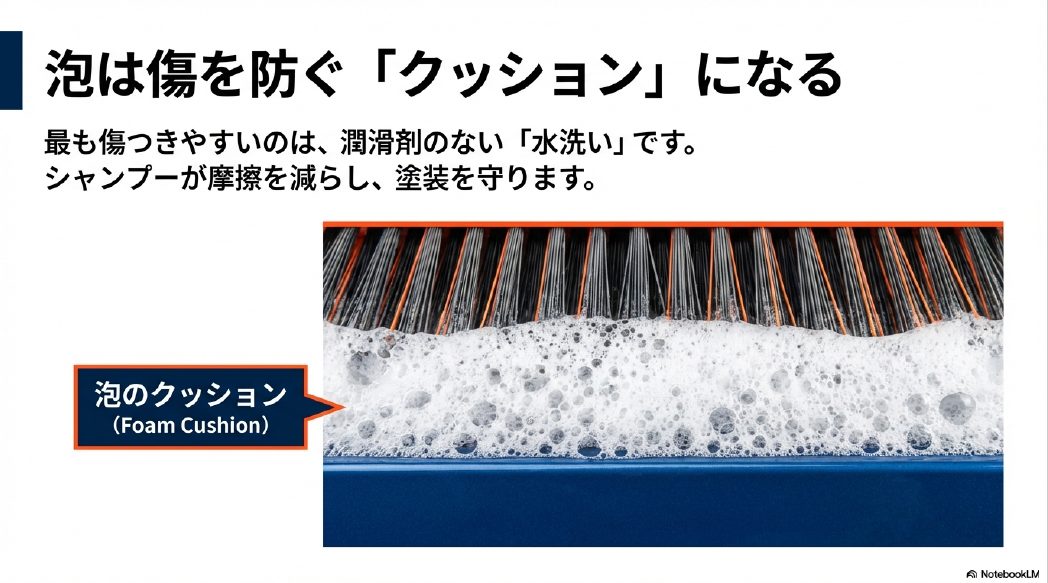 洗車機の泡がボディとブラシの間に入り込み、摩擦を減らして塗装を守る仕組みの解説