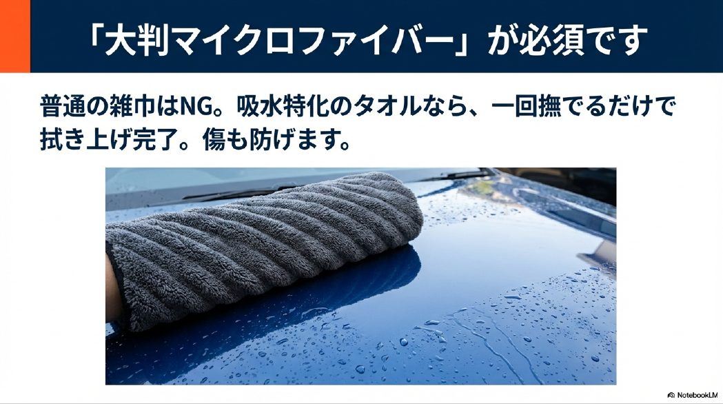 吸水性に優れた大判マイクロファイバータオルを使用し、ボディを拭き上げている様子