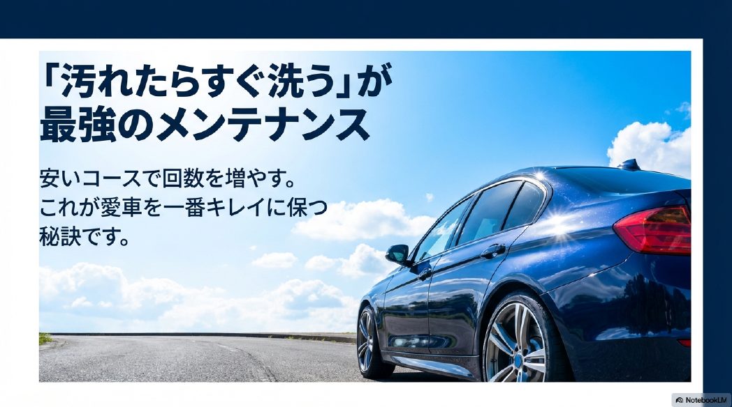 安いコースを利用して洗車回数を増やすことこそが、愛車を最もきれいに保つ秘訣であるというメッセージ