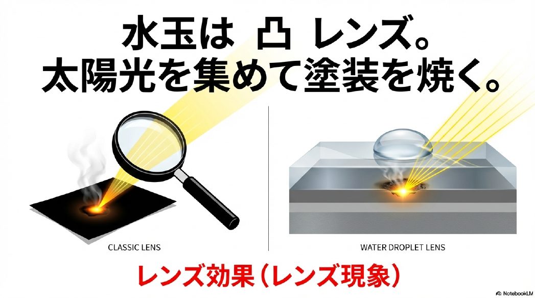 水滴が凸レンズの役割を果たし太陽光を集めて塗装を焼く仕組みの図解