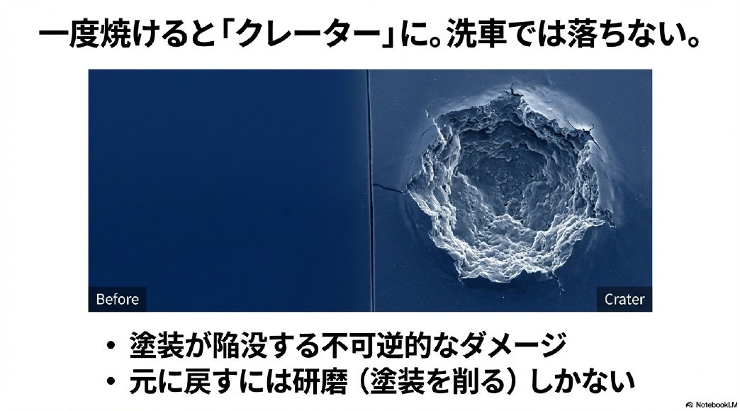 ウォータースポットが悪化して塗装がえぐれたクレーター状の拡大画像