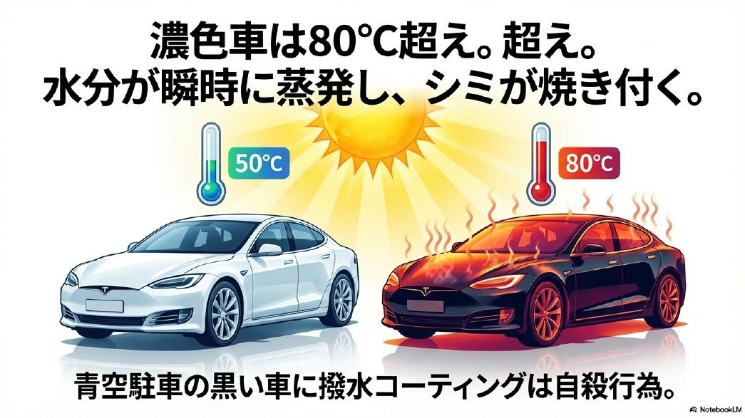 炎天下における白い車（50度）と黒い車（80度超え）の表面温度比較イラスト
