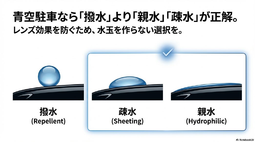 撥水（水玉）、疎水（膜状に引く）、親水（馴染む）の水滴形状の違いを示す比較図