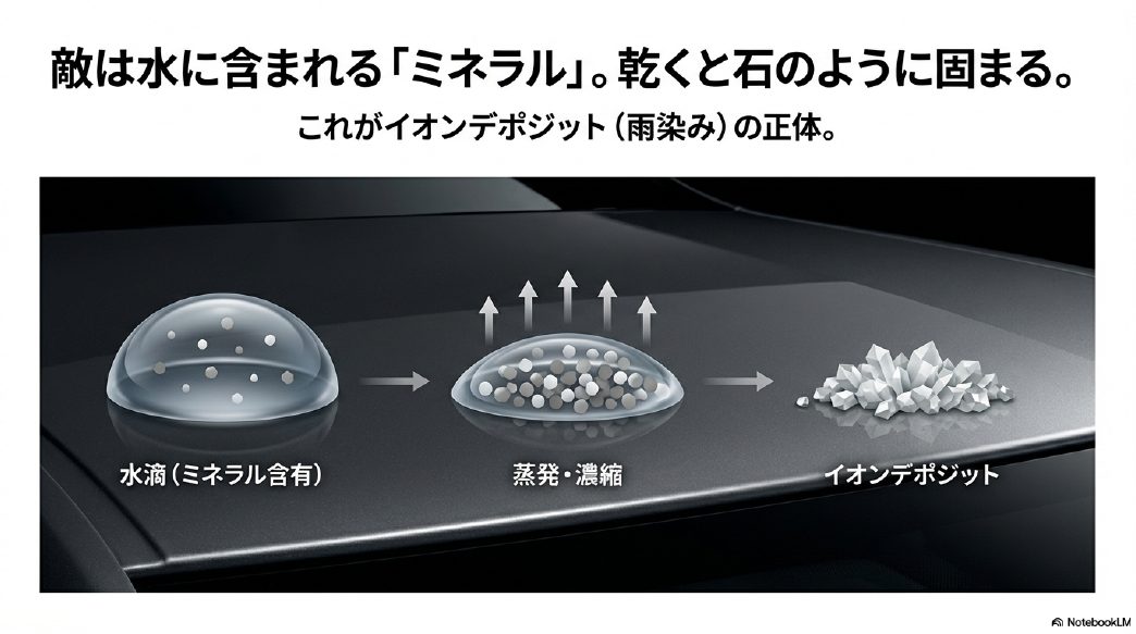 水滴が蒸発しミネラル分が濃縮されてイオンデポジットとして結晶化する過程の図解