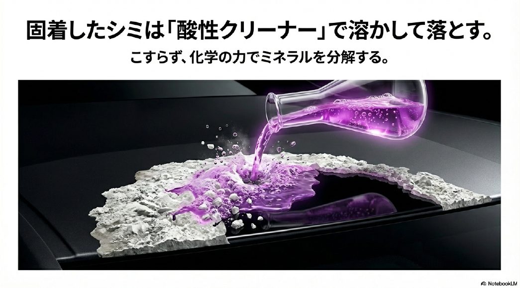 固着したミネラル汚れに酸性クリーナーが反応し紫色の液体となって分解されている様子