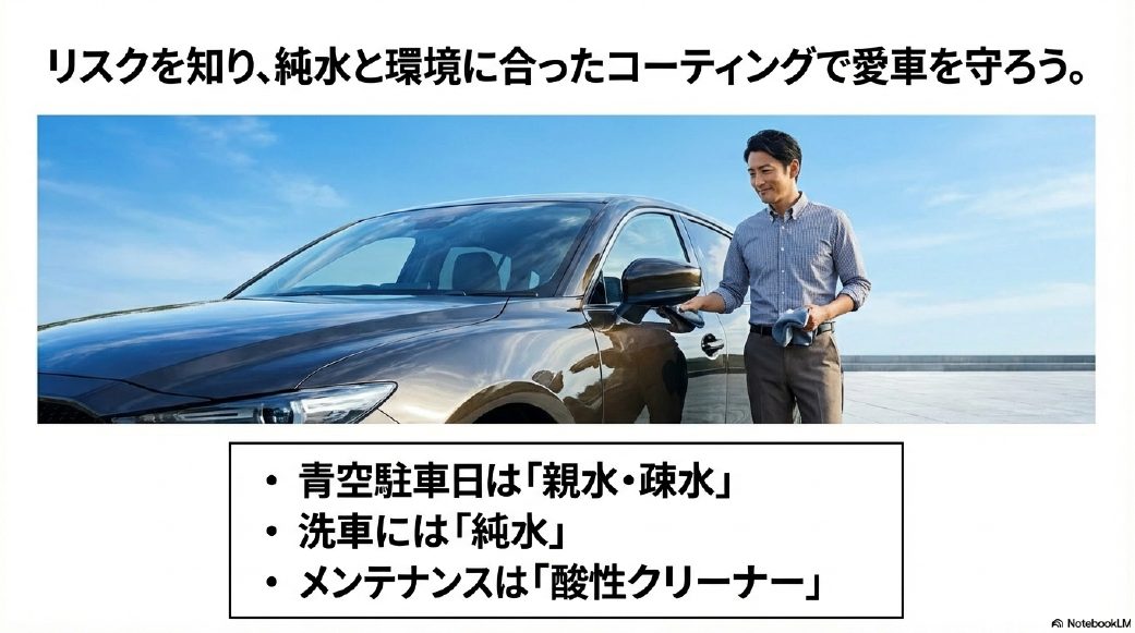 笑顔で愛車をケアする男性と、純水や環境に合わせたコーティング選びの重要性を示すイメージ