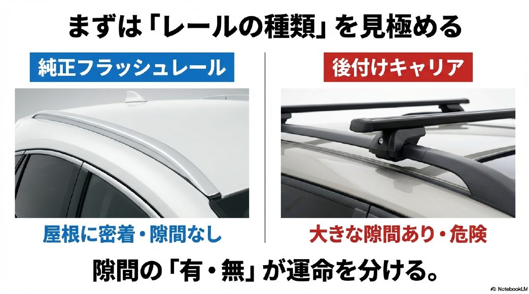 純正フラッシュレールと後付けキャリアの構造的な違いと比較