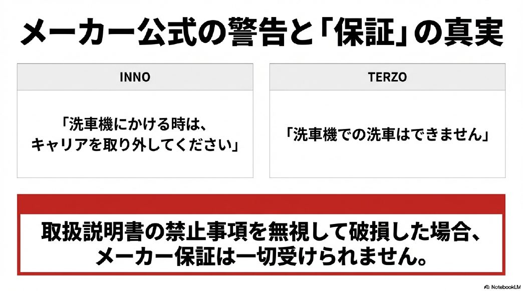 INNOやTERZOなど主要キャリアメーカーによる洗車機利用に関する警告と保証規定