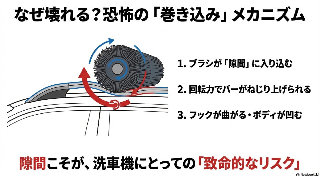 洗車機の回転ブラシがルーフレールに巻き込まれ破損するメカニズムの図解