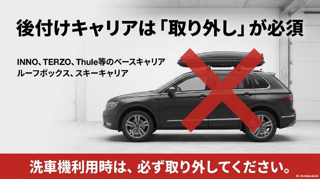 洗車機利用時は後付けベースキャリアやルーフボックスの取り外しが必須である警告