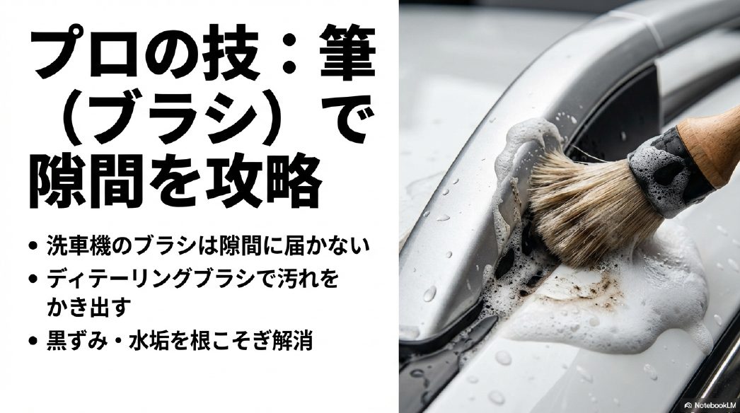 ディテーリングブラシを使用してルーフレールの隙間汚れを除去するプロのテクニック