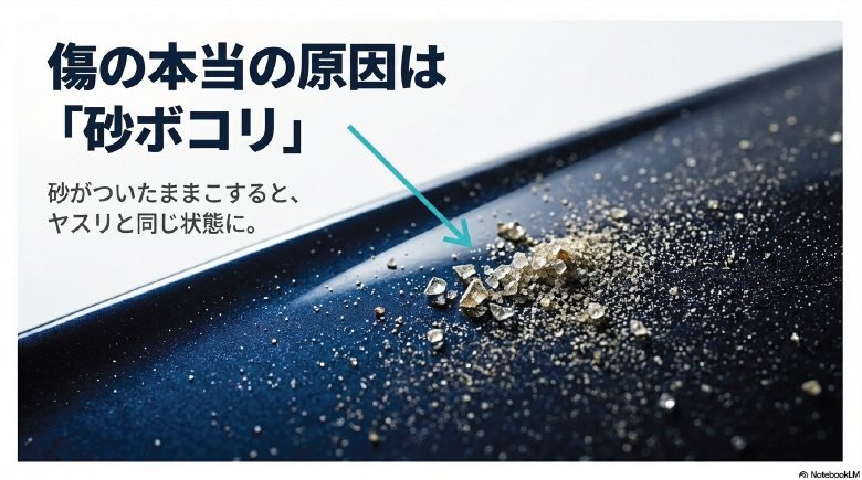 洗車傷の本当の原因である砂ボコリと塗装へのヤスリ効果