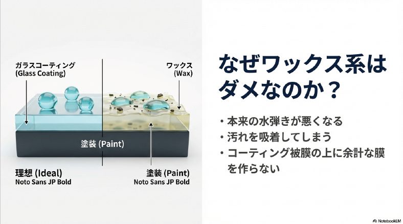 ガラスコーティングの上にワックスを塗ってはいけない理由と撥水阻害の仕組み