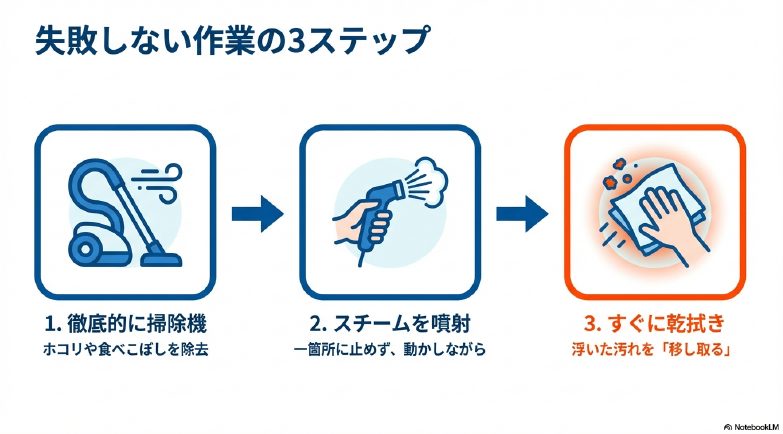 掃除機・スチーム・乾拭きの3ステップ手順