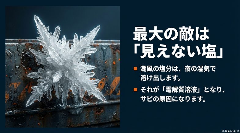 塩害の最大の敵である見えない塩の結晶拡大図と腐食の解説