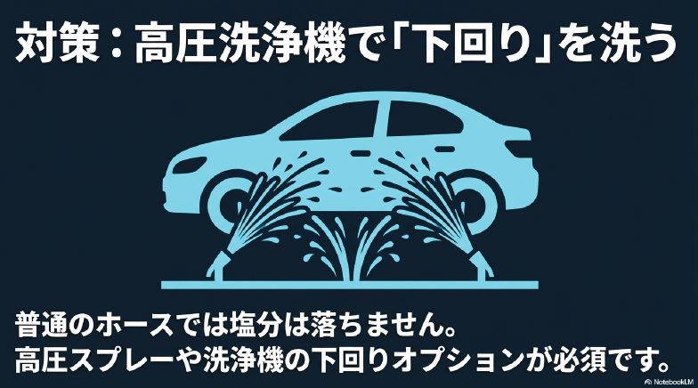 高圧洗浄機を使って車の下回りを徹底的に洗浄しているイラスト