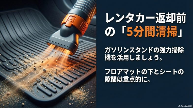 返却前にガソリンスタンドの掃除機でフロアマットを清掃する様子