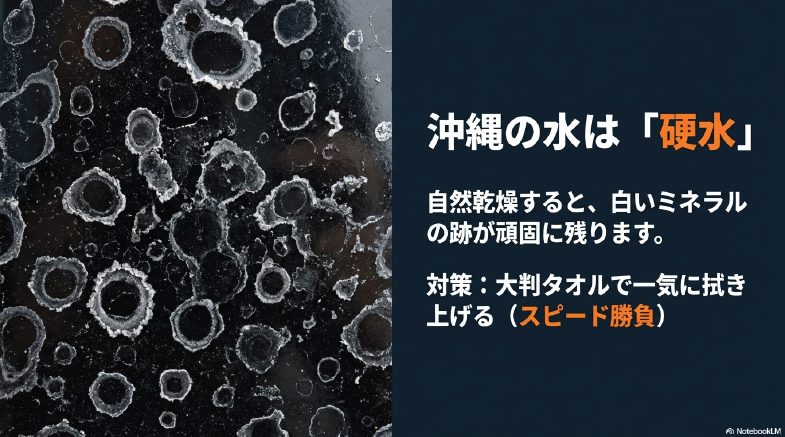 沖縄の硬水による白いミネラル跡を防ぐためのスピード拭き上げ対策の解説