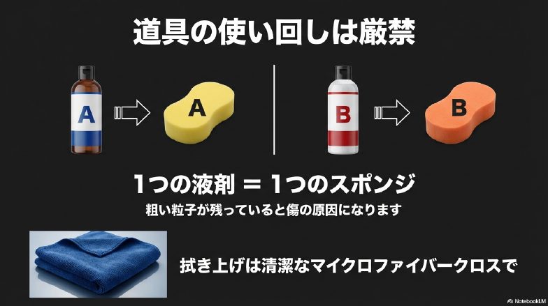 コンパウンドの粒度ごとにスポンジを使い分け、道具の使い回しを避ける重要性の説明図