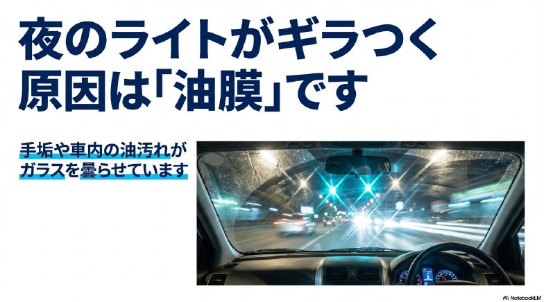 夜の運転時に対向車のライトがギラつく様子とフロントガラス内側の油膜・手垢汚れの原因