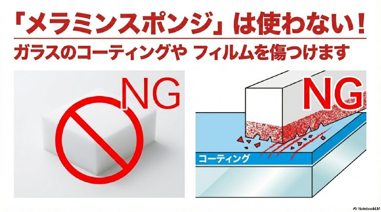 車のフロントガラス内側にメラミンスポンジを使用するのはNG。コーティングやフィルムを傷つけるリスクの図解