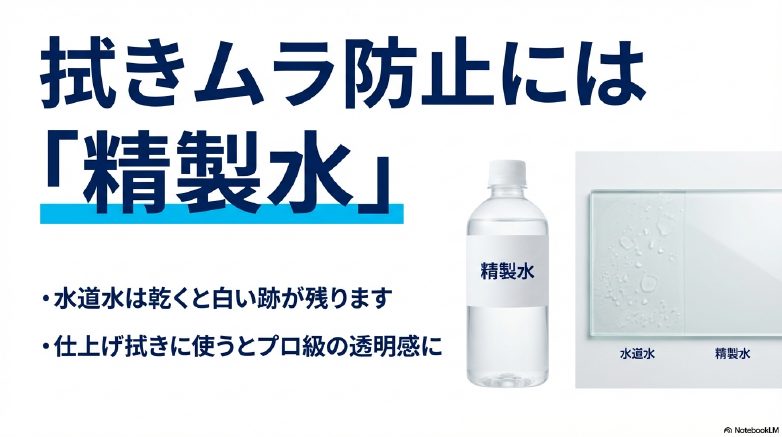 フロントガラス掃除における水道水と精製水の仕上がり比較。水道水は白い跡が残るが精製水は透明