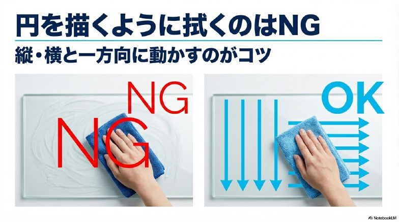 窓ガラス掃除の拭き方比較。円を描くのはNG、縦・横の一方向拭きがOK