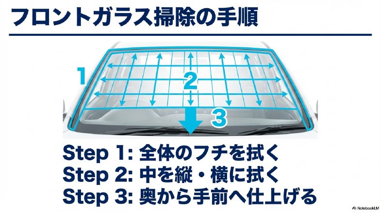 フロントガラス内側の拭き上げ手順図解。1.フチ、2.中を縦横、3.奥から手前へ