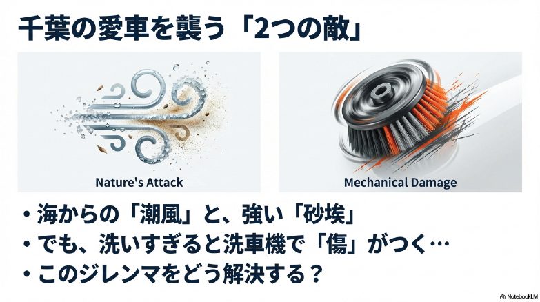 千葉県の愛車を襲う潮風と砂埃のイラスト