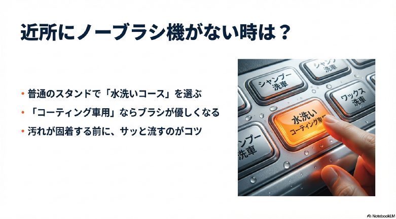 ガソリンスタンドの洗車機メニュー画面で水洗いを選択する指