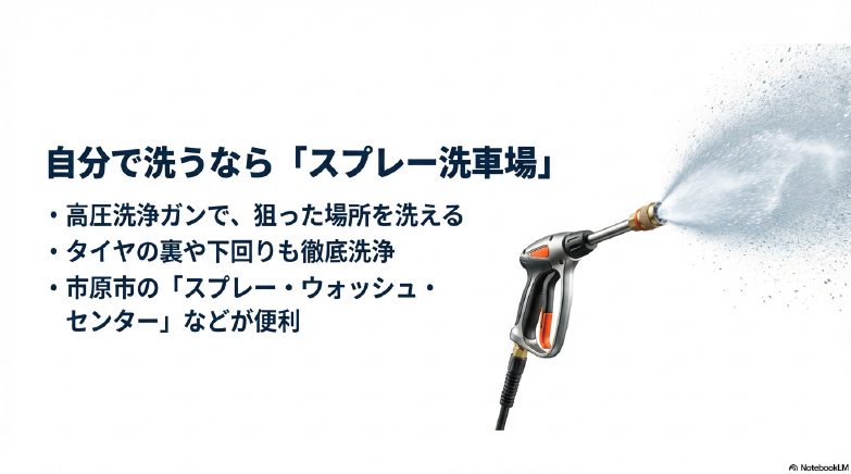 スプレー洗車場で高圧洗浄機を使う様子