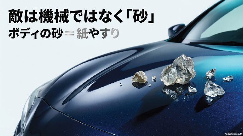 洗車キズの原因は機械ではなくボディに付着した砂が紙やすりのように摩擦を起こすことにあるという解説図