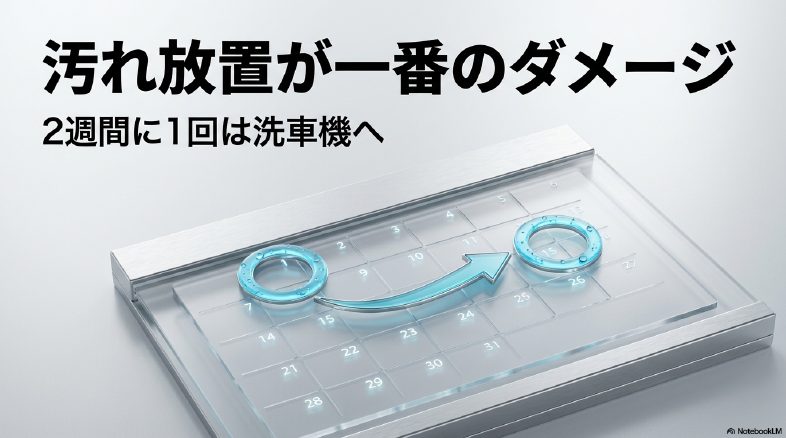 車の塗装にとって最大のダメージは汚れを放置することであり、定期的な洗車が重要であることを示す解説