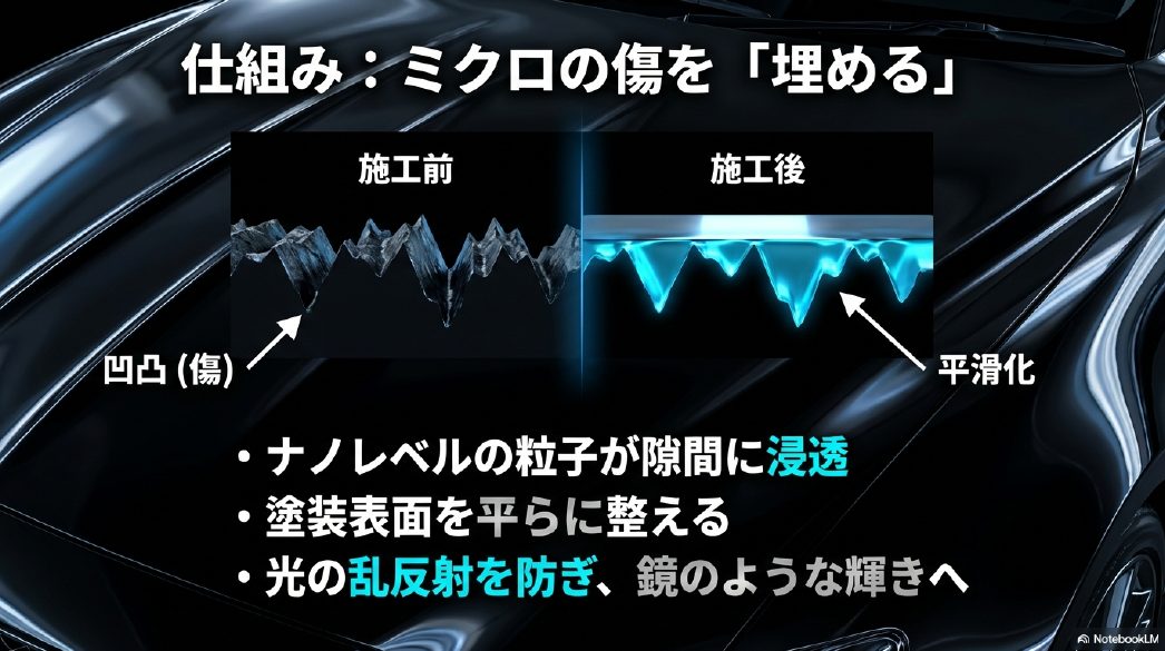 ナノレベルの粒子が塗装表面のミクロの凹凸や傷に浸透し、平滑化して鏡のような輝きを出す仕組みの図解