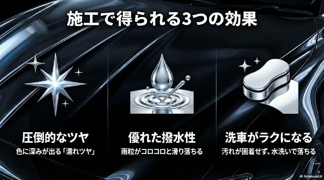 ナノポリマー洗車による圧倒的なツヤ、優れた撥水性、洗車がラクになるという3つの主な効果