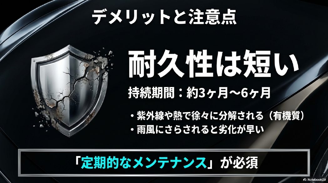 ナノポリマー洗車の耐久性の短さと、紫外線や熱による劣化、定期的なメンテナンスが必須であることの解説