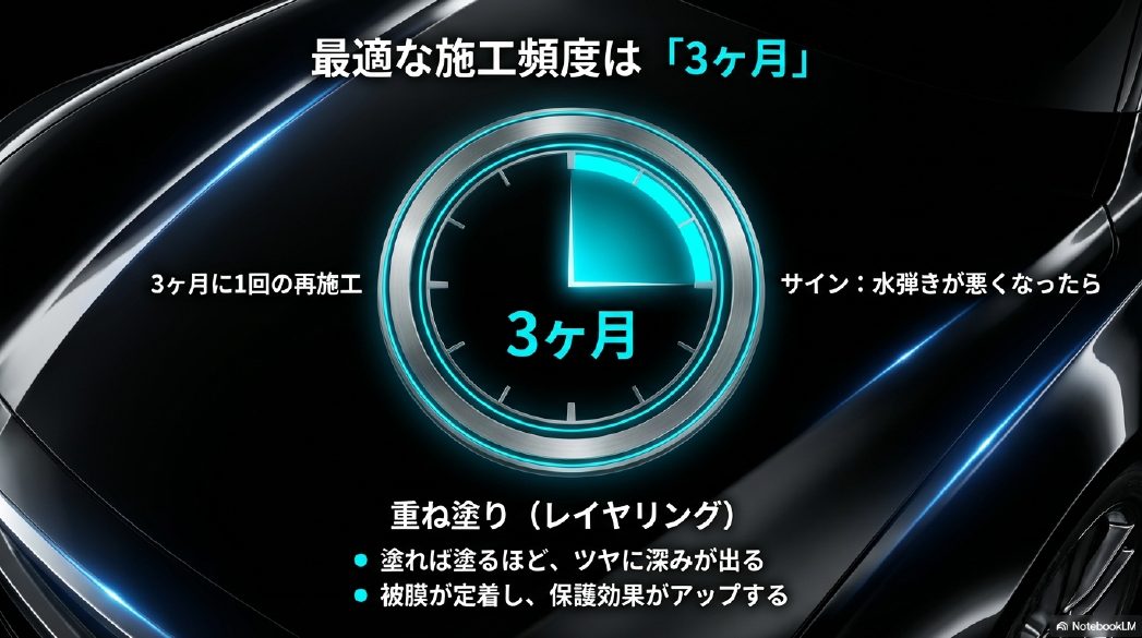 3ヶ月に1回の再施工と、重ね塗り（レイヤリング）によるツヤと保護効果アップの仕組み
