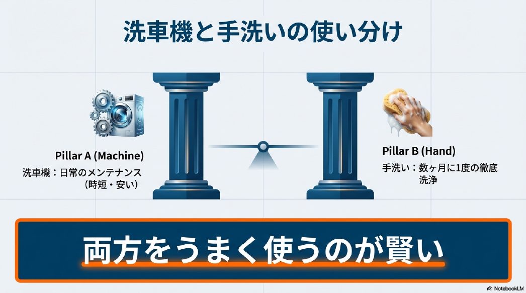 日常のメンテナンスは時短で安い洗車機、数ヶ月に1度の徹底洗浄は手洗いという使い分けのポイント