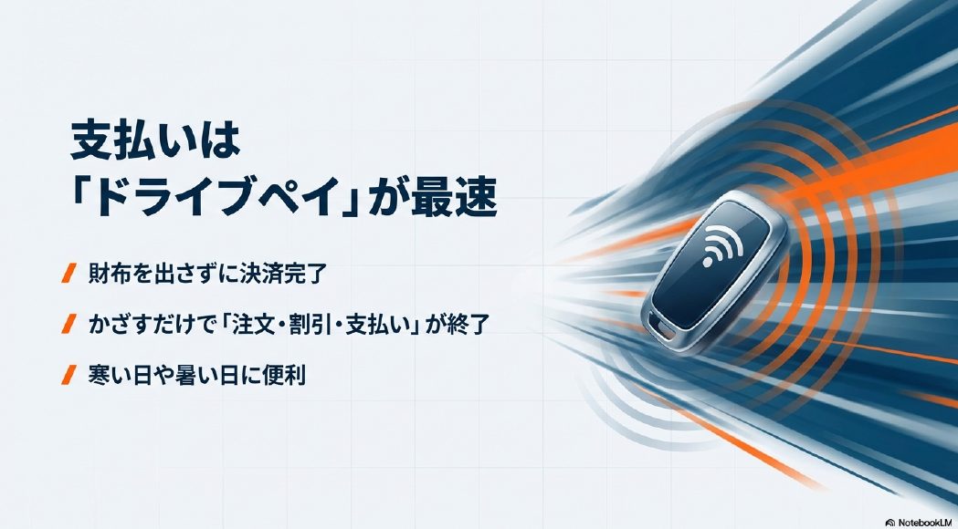 財布を出さずにかざすだけで注文・割引・支払いが一瞬で完了し、寒い日や暑い日に便利なドライブペイ