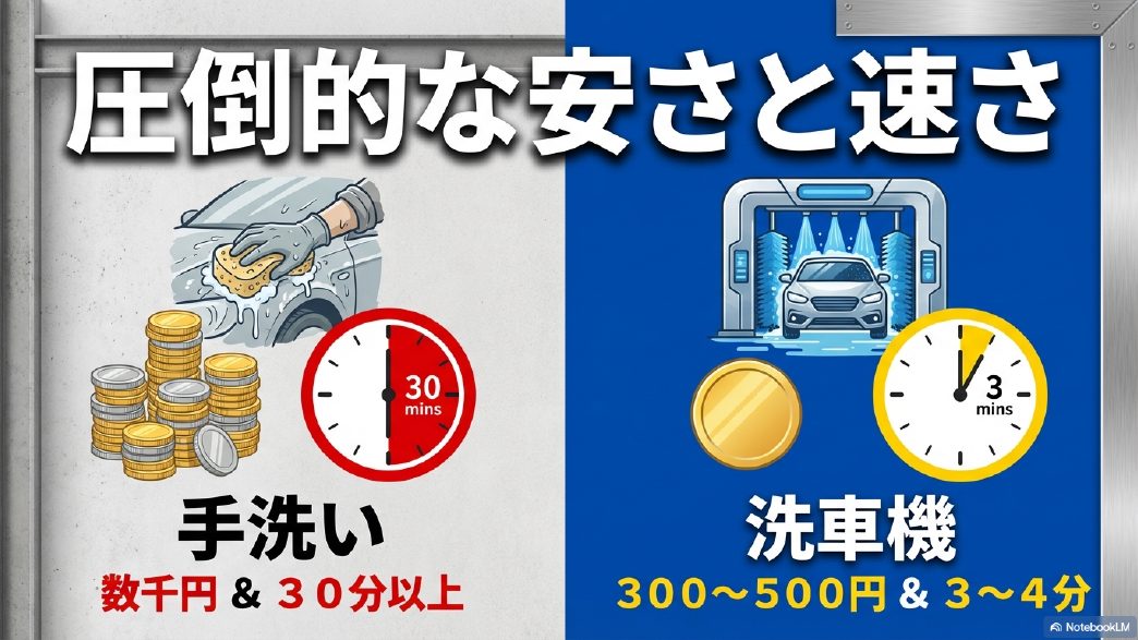 洗車機は手洗いに比べて圧倒的な安さと速さ（300〜500円、3〜4分）を実現