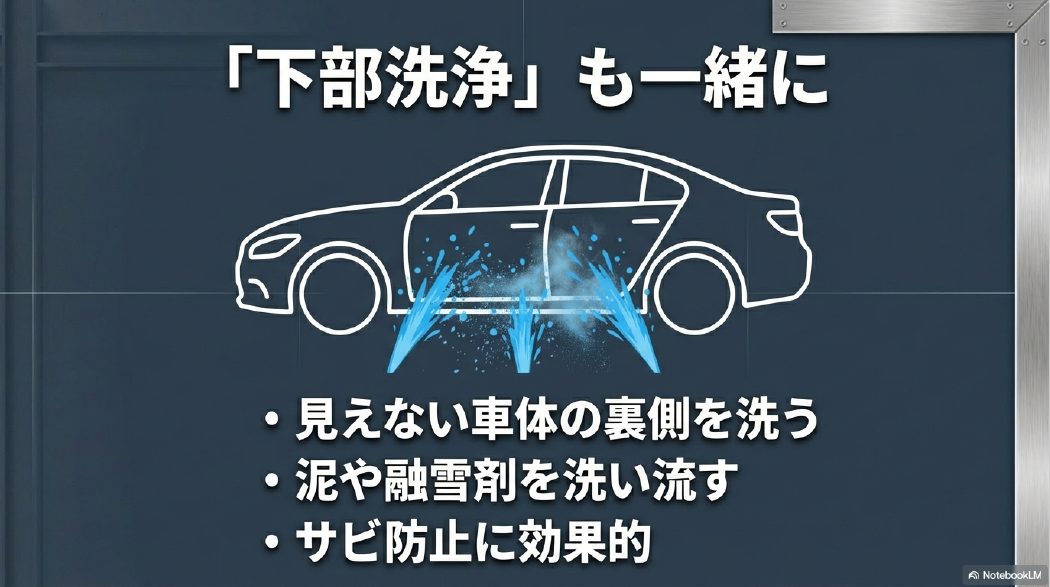 見えない車体の裏側や泥、融雪剤を強力な水流で洗い流す下部洗浄のイメージ