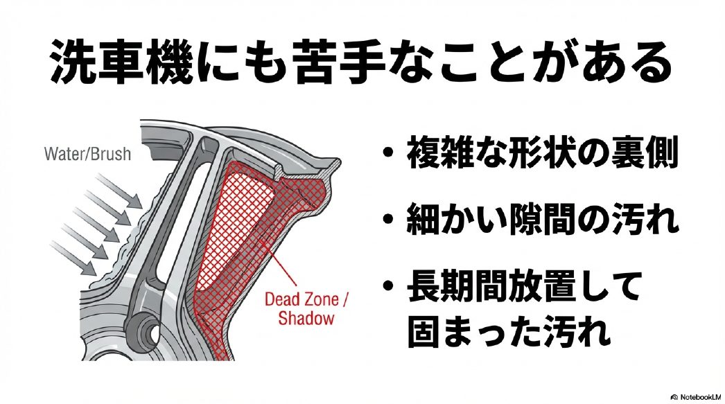 洗車機の水やブラシが届かない、ホイールの複雑な形状の裏側や細かい隙間（デッドゾーン）