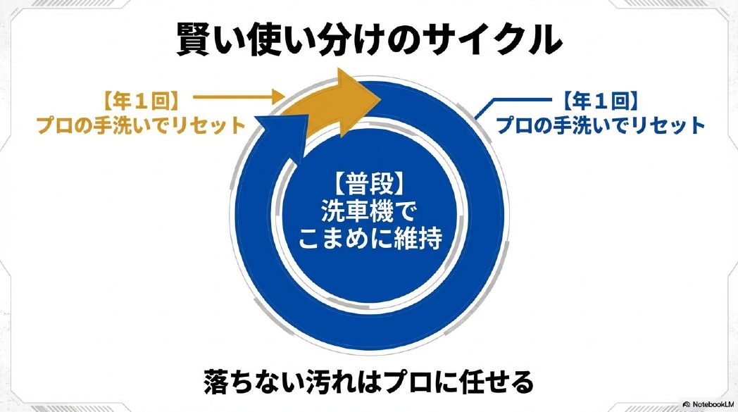 普段は洗車機でこまめに維持し、落ちない頑固な汚れは年1回のプロの手洗いでリセットするメンテナンスサイクル