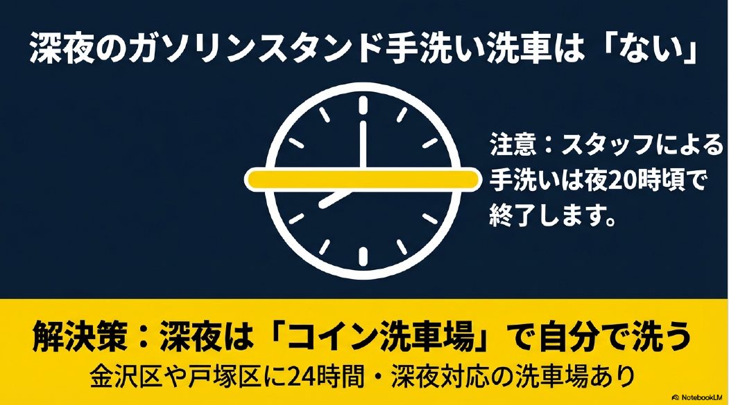 ガソリンスタンドの手洗い洗車は20時で終了するため、深夜はコイン洗車場の利用がおすすめという解説図