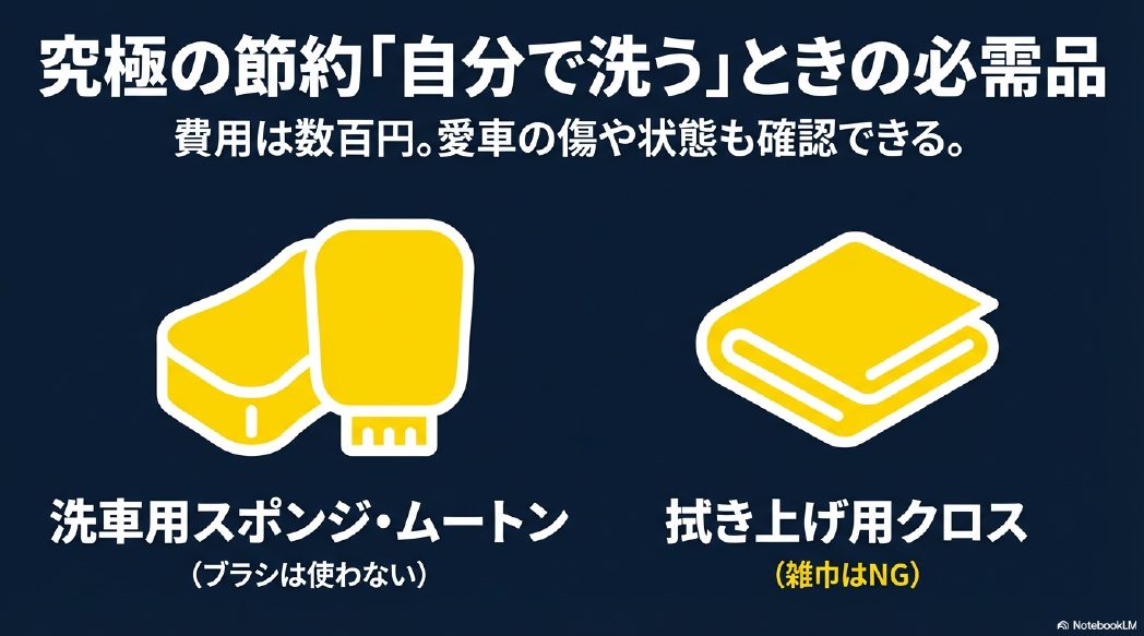 コイン洗車場の節約手洗いで必要なスポンジ、ムートン、拭き上げクロスのイラスト