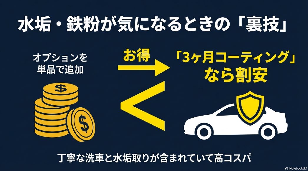 水垢取りや鉄粉除去を単品で頼むより3ヶ月コーティング(ピュアキーパー)の方が割安になる仕組み