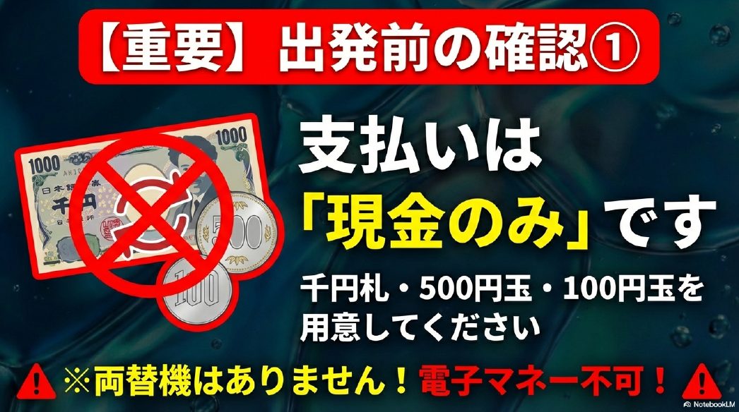 重要！支払いは現金のみ・両替機なし 1000円札と硬貨が必要