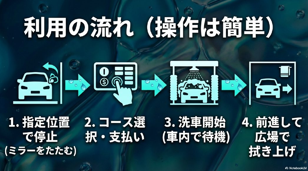 洗車のジャバ 利用の流れ 操作手順と停止位置・拭き上げまで