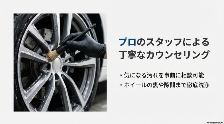 スタッフによる事前の汚れ相談とブラシを使ったホイール細部の徹底洗浄