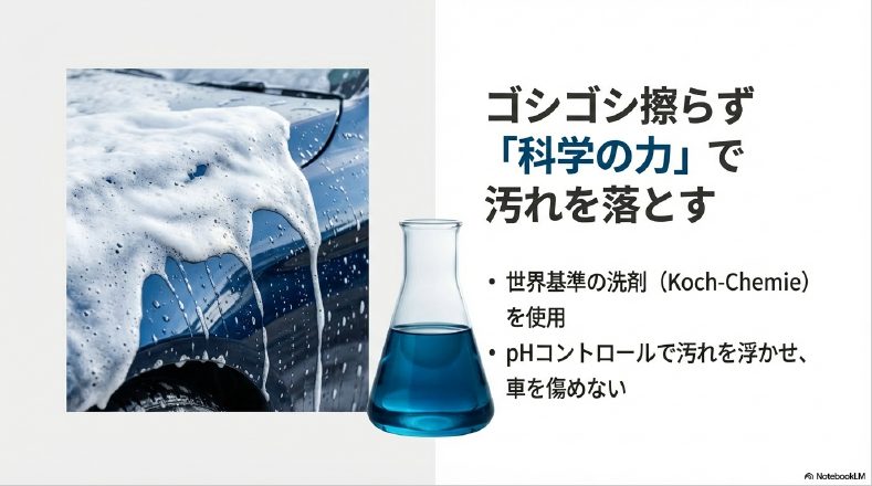 世界基準の洗剤Koch-Chemieを使用した、ボディを擦らず泡で包み込む洗車の様子
